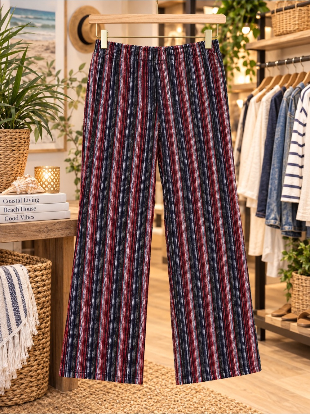 Premise Striped Wide-Leg Pull-On Pants in Burgundy, Navy, Gray